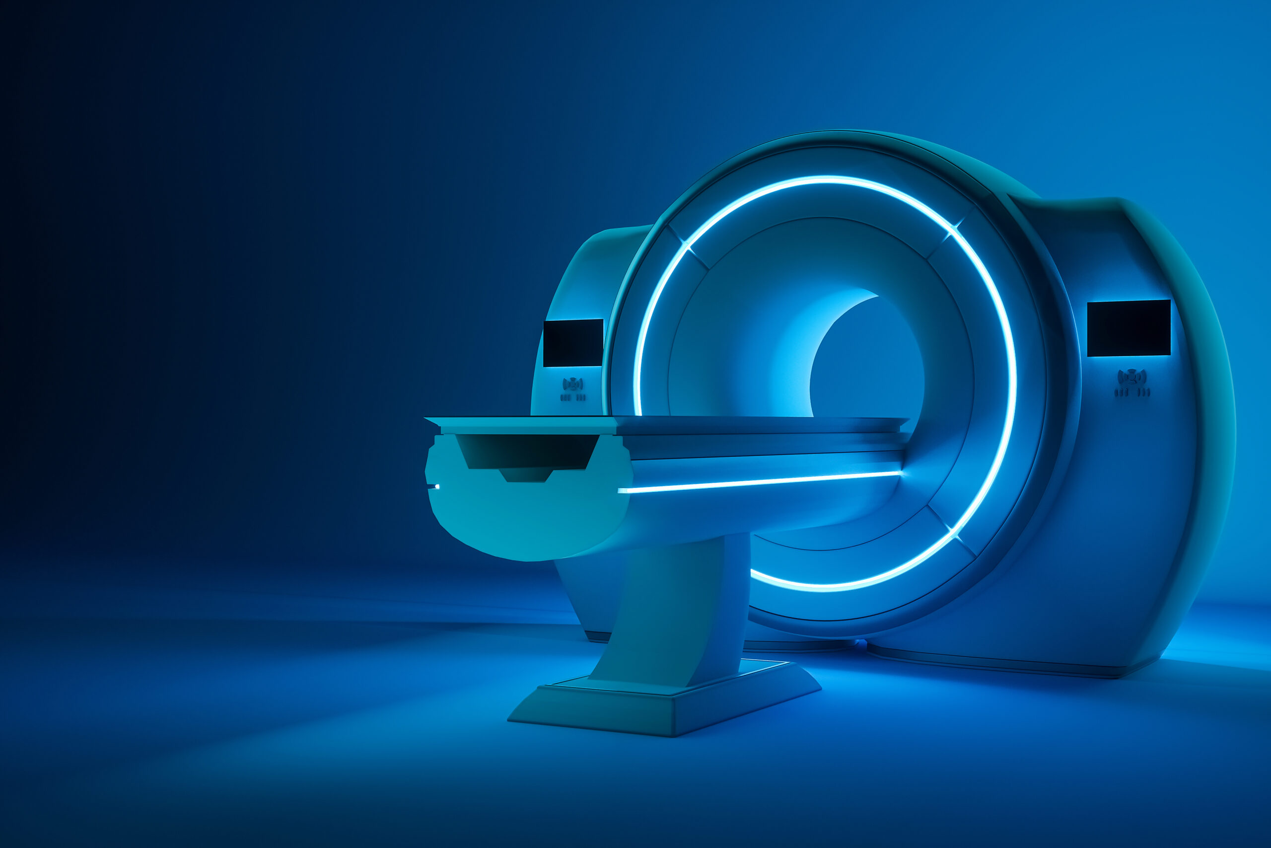 MRI machine, magnetic resonance imaging machine on a dark blue background. Concept medicine, technology, future. 3D rendering, 3D illustration, copy space.