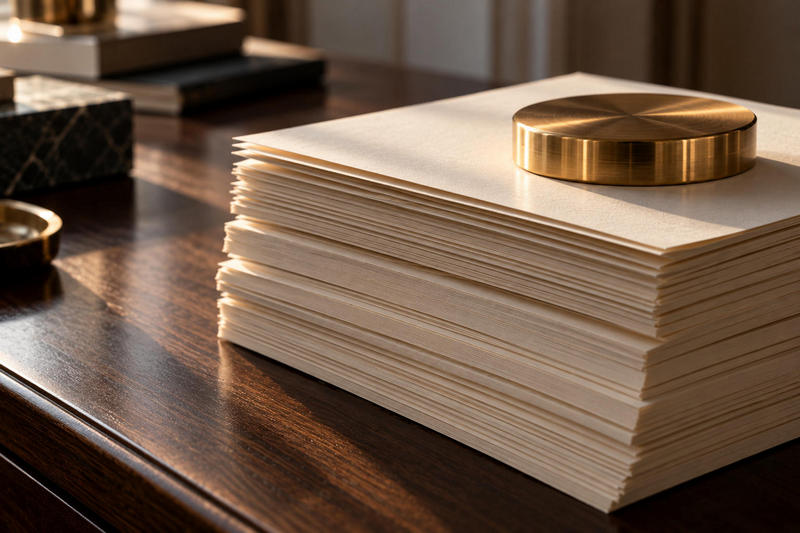 Brass Paperweight on Cream Paper Stack